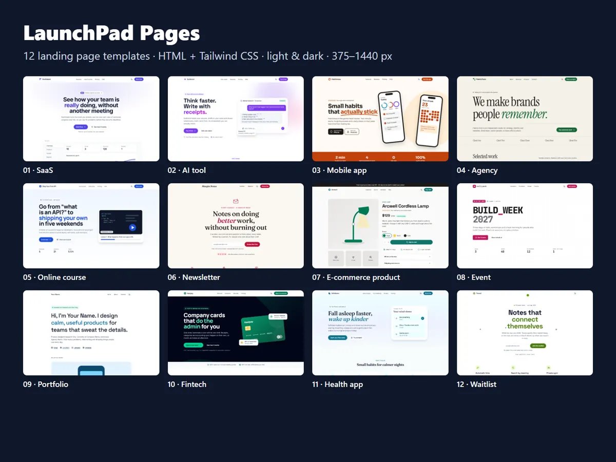 LaunchPad Pages cover showing all 12 templates