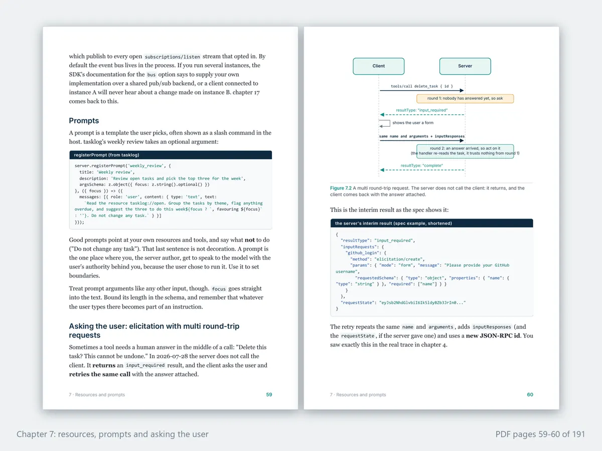 Pages 59 and 60: registering a prompt with a zod schema, then the multi round-trip request a server returns when it needs an answer from the user.