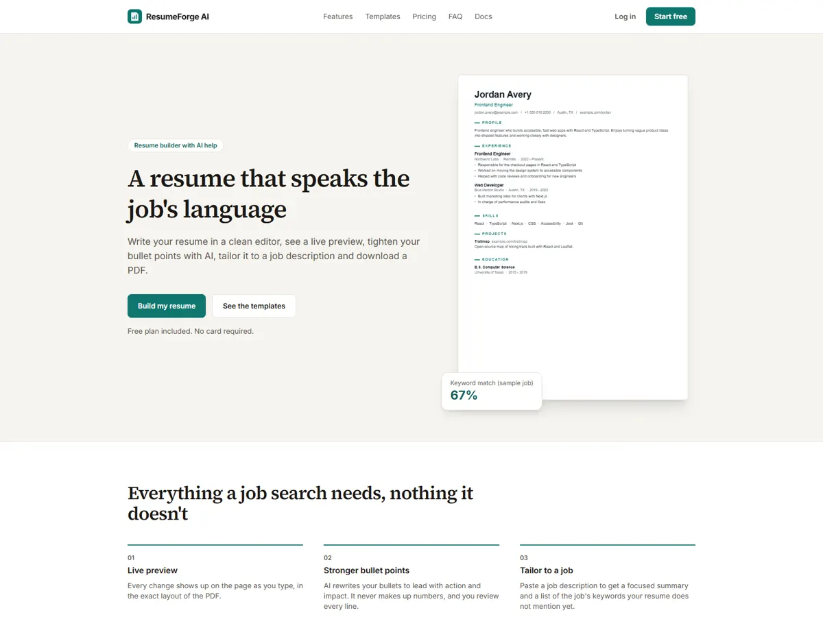 ResumeForge AI landing page hero