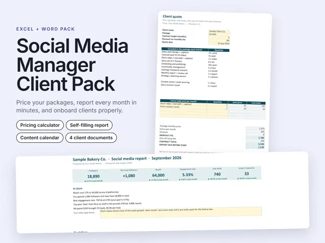 Social Media Manager Client Pack: Pricing, Reports, Docs