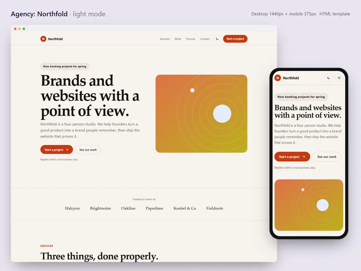 Agency template in light mode, desktop and mobile