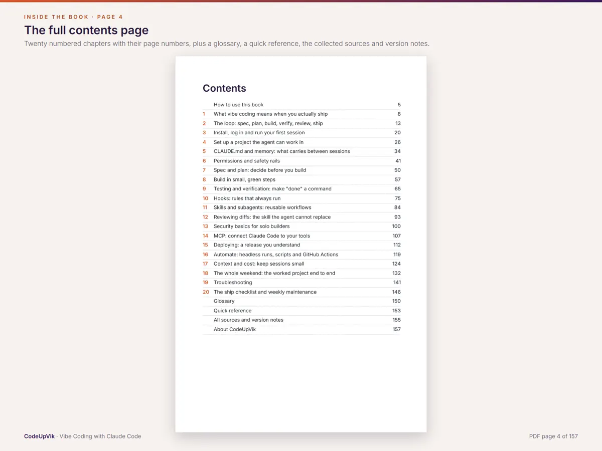 Page 4, the contents page. Twenty numbered chapters with their page numbers, then a glossary, a quick reference and the collected sources.