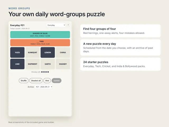 Word Groups: Daily Puzzle Game + Puzzle Builder (HTML5)